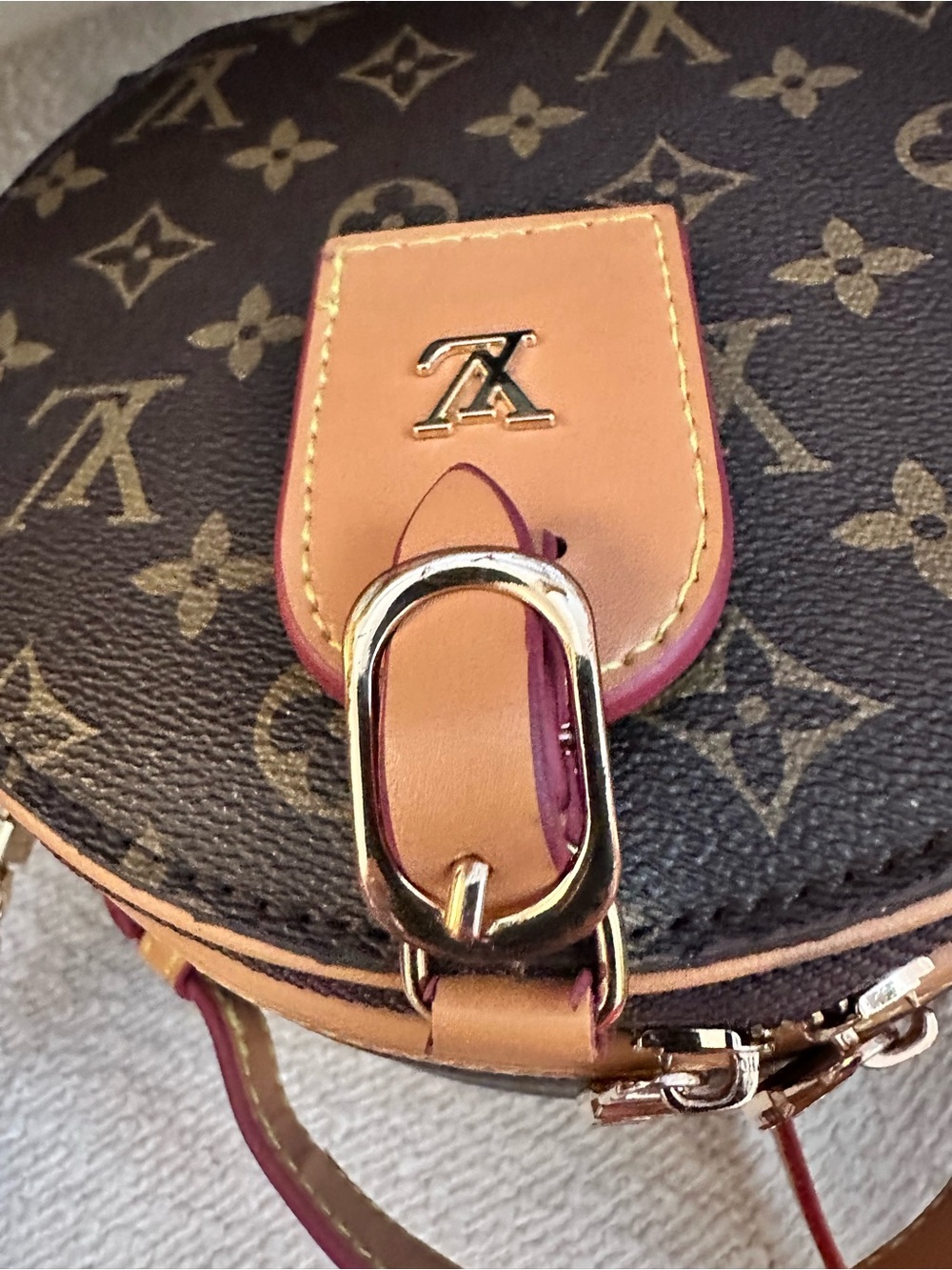 Brown Monogram Round Crossbody Bag - Tan Trim - Picture 6 of 9